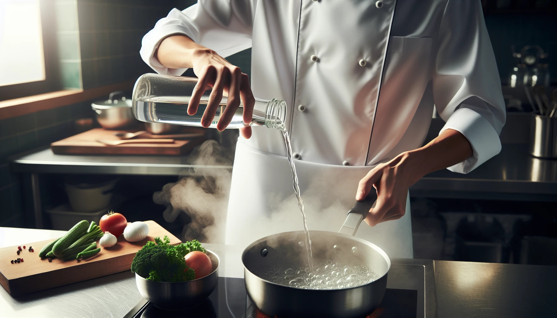 Chef using distilled water in cooking