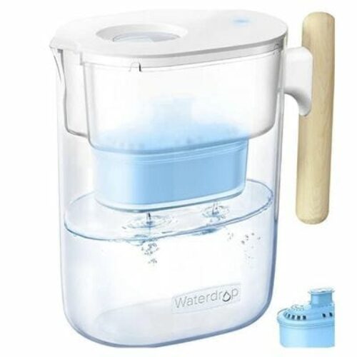 The Waterdrop reduces chlorine and bad tastes while increasing pH to 9.5.