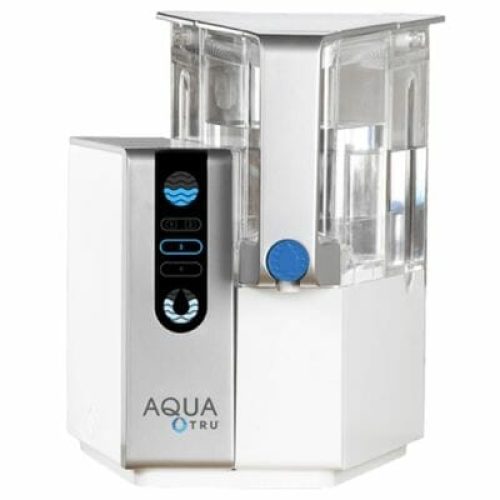 The AquaTru features a three stage filtration system to produce purified water and has a detachable pitcher to store the filtered tap water. 