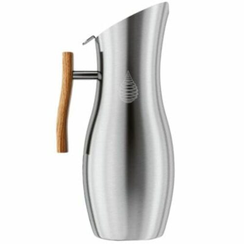The Invigorated Water pH Vitality Stainless Steel Water Filter Pitcher delivers 64 oz. of alkaline filtration in a very aesthetically unique design.